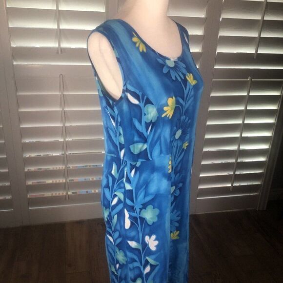 Vtg 90s JAMS WORLD Blue Floral Blutrellis Midi Dress XS Pockets Beach Resort - Picture 7 of 12